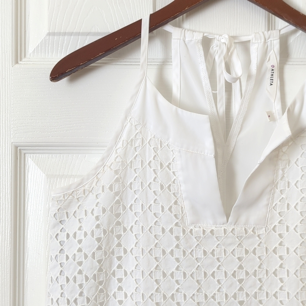 Athleta Eyelet Dunes Relaxed Embroidered Split Neck Tassel Tied Tank Top White S - Picture 3 of 11
